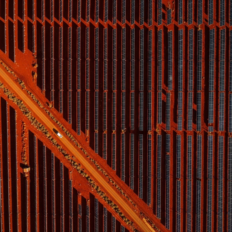 Aerial view of solar panel rows