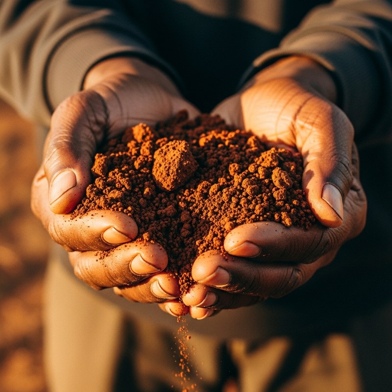 South African farmer hands holding laterite soil